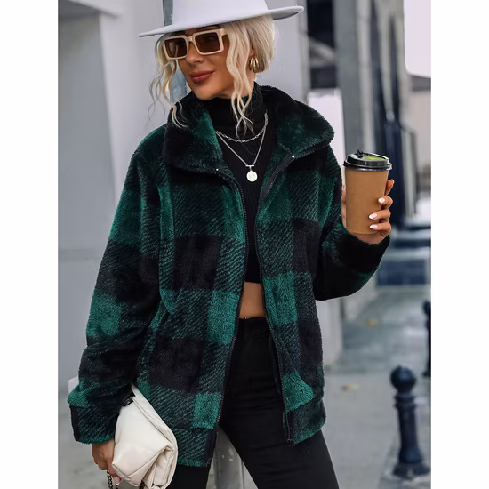 El otoño y el invierno de la señora de manga larga con cuello alto Cardigan Mujer Plaid regular de felpa larga con cremallera de dos lados abrigo polar cepillado